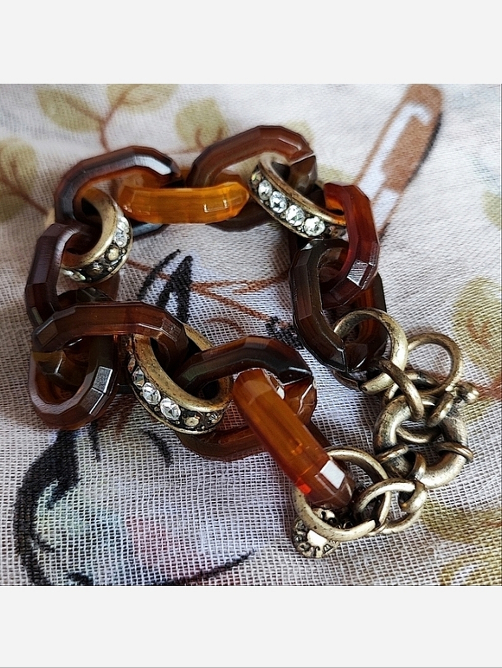 J. Crew Faux Tortoise Link Bracelet Round Oxidized Brass Tone Rhinestone Accents